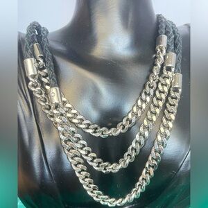 Lia Sophia braided leather silver tone Cuban link necklace